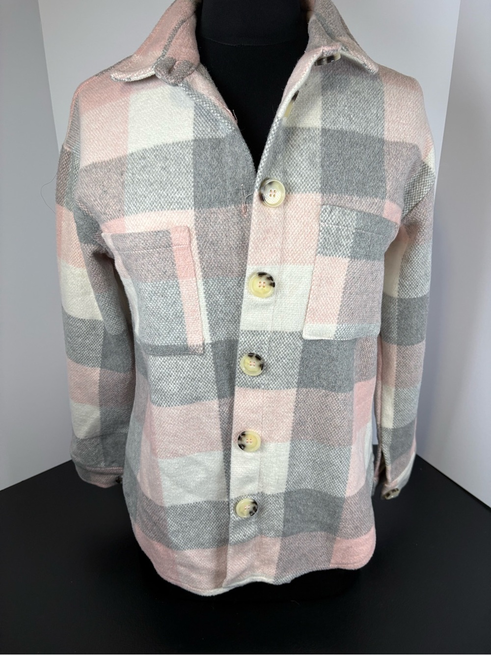 Women's Pink & Gray Plaid Button-Down Shirt Jacket
